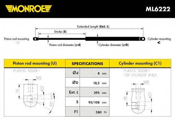 Газова пружина, капот MONROE ML6222