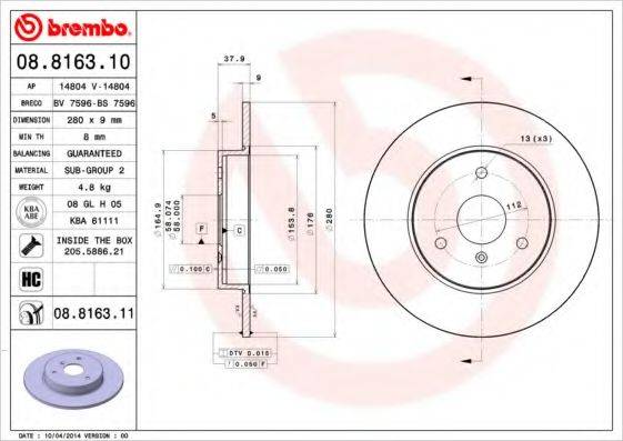 Гальмівний диск BREMBO 08.8163.10